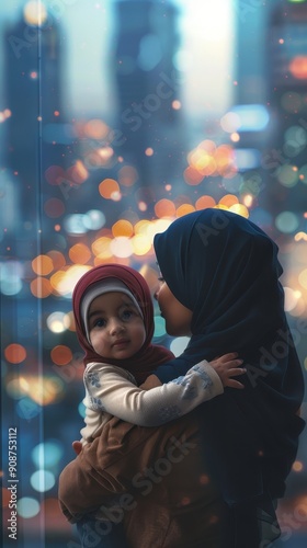 A mother tenderly holds her child while gazing out at a vibrant city skyline illuminated by evening lights