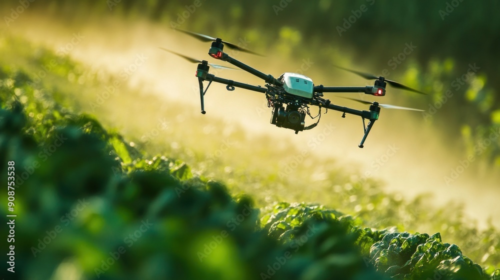 Drones spray fertilizer in the fields and at sunrise Drones spray fertilizer in the fields and at sunrise