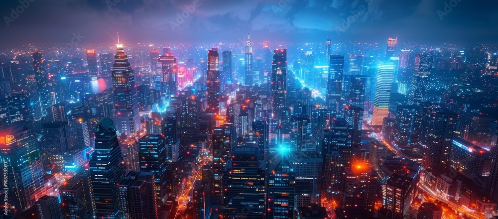 Smart City Lights by Night with Skyscrapers and Network Connectivity Smart City Lights by Night with Skyscrapers and Network Connectivity