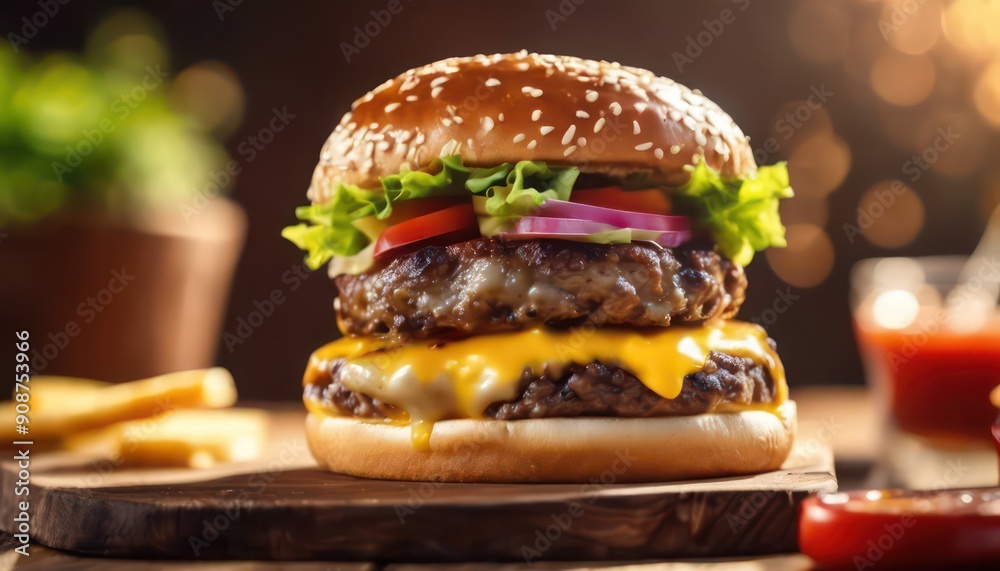 Gourmet double cheeseburger on wooden table Gourmet double cheeseburger on wooden table