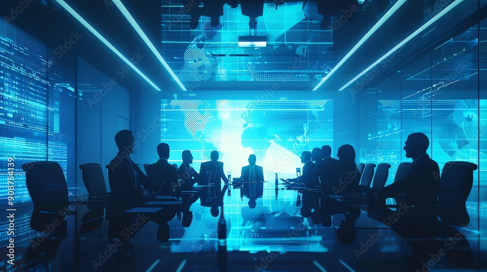 A group of business people sit around a table with a large screen in the background showing a digital map of the world. A group of business people sit around a table with a large screen in the background showing a digital map of the world.