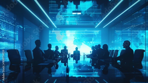 A group of business people sit around a table with a large screen in the background showing a digital map of the world.