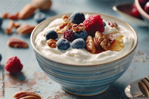 Wallpaper Mural Bowl of Greek yogurt topped with honey, nuts, and fresh berries, a protein-rich and nutritious dessert option. Torontodigital.ca