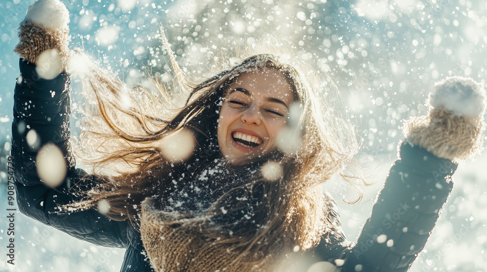 Smiling girl enjoying in the snow with snowballs Smiling girl enjoying in the snow with snowballs