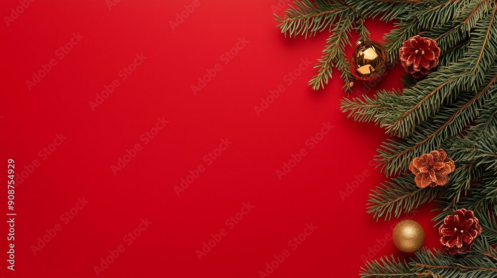 Flat lay with Christmas tree branches with red and gold Christmas balls isolated on red Flat lay with Christmas tree branches with red and gold Christmas balls isolated on red