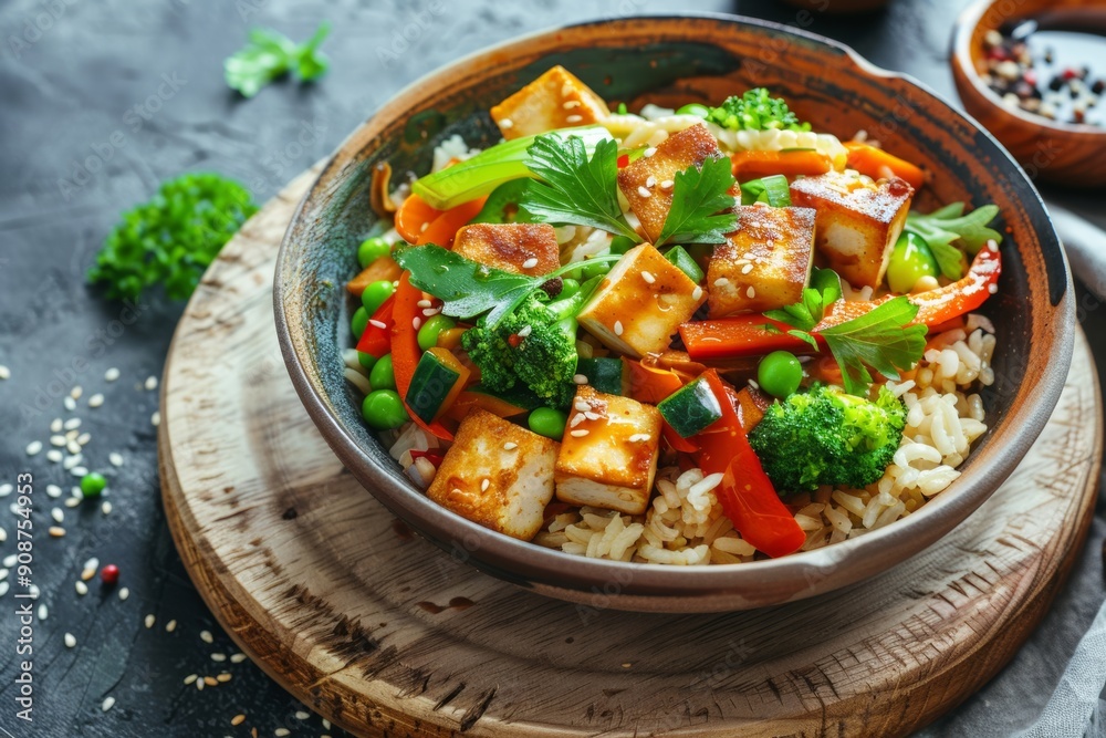 Colorful vegetable stir-fry with tofu, served over brown rice, promoting a balanced and nutritious meal. Colorful vegetable stir-fry with tofu, served over brown rice, promoting a balanced and nutritious meal.