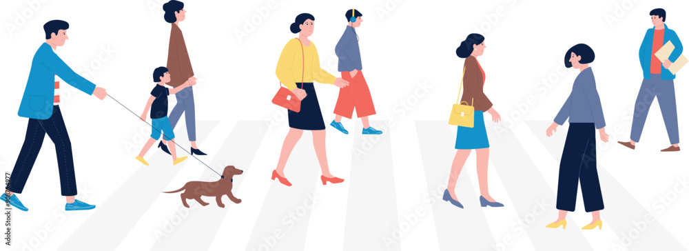 People on crosswalk. Pedestrian walking on urban road zebra People on crosswalk. Pedestrian walking on urban road zebra