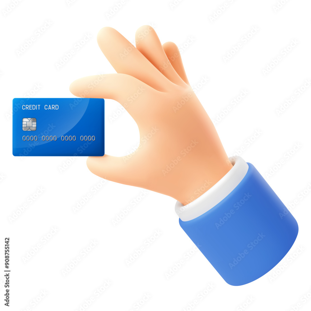Hand hold credit card. Plastic debit card in hand. 3D realistic icon.  Paying online using bank card, nfc payment concept. Vector illustration