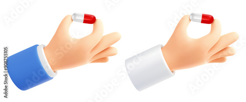 Hand of doctor, pharmacist and patient holds or shows red white medical capsule pill. 3D realistic icon set, medicine, healthcare concept. Vector illustration