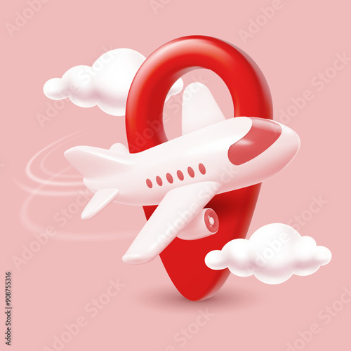 Time to travel conceptual banner template with 3d realistic white plane, flying around large red location pin on pink background with clouds. Cartoon minimal style. Vector illustration