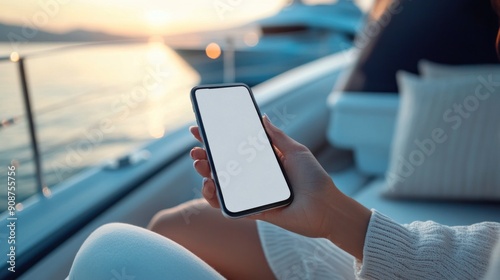 woman sitting on yacht holding mobile phone