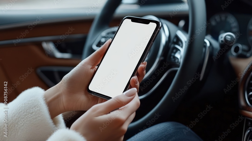 woman holding mobile phone in car