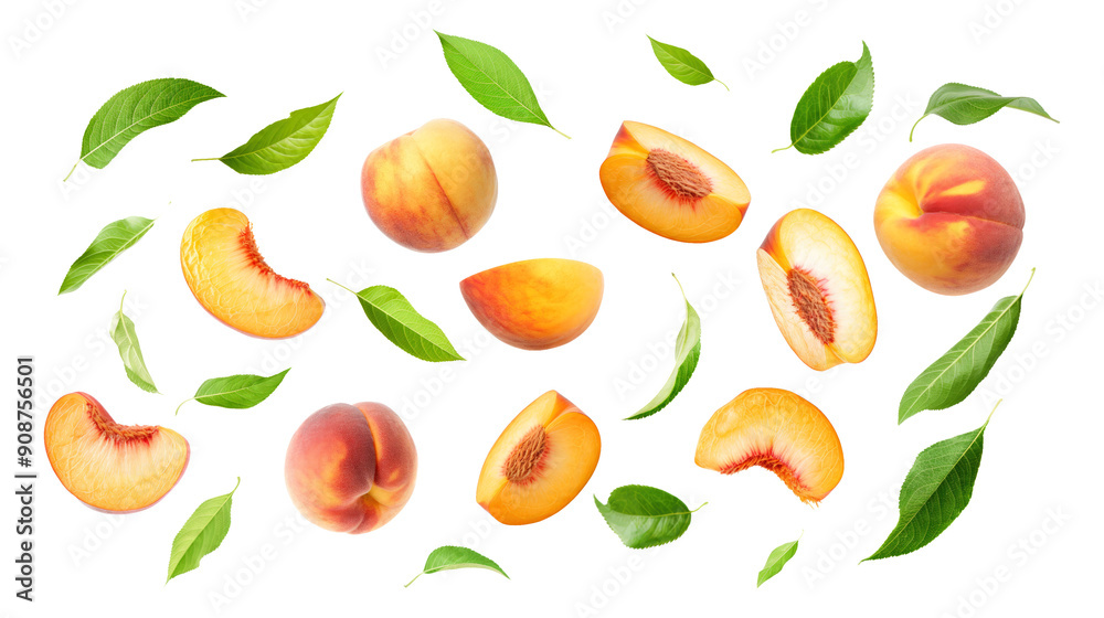set of peach fruit with half slice and green leaves isolated on transparent white background, clipping path set of peach fruit with half slice and green leaves isolated on transparent white background, clipping path