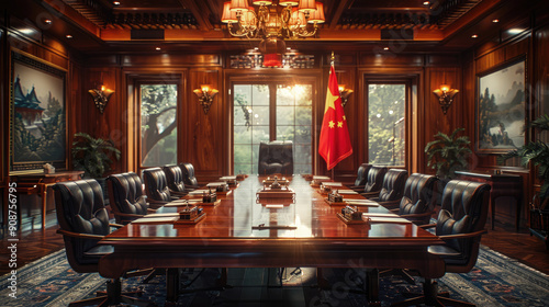 Chinese flags in an empty meeting room with a wooden table and many chairs. Selective focus.