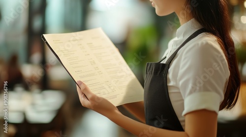 Waitress Holding Menu in Restaurant