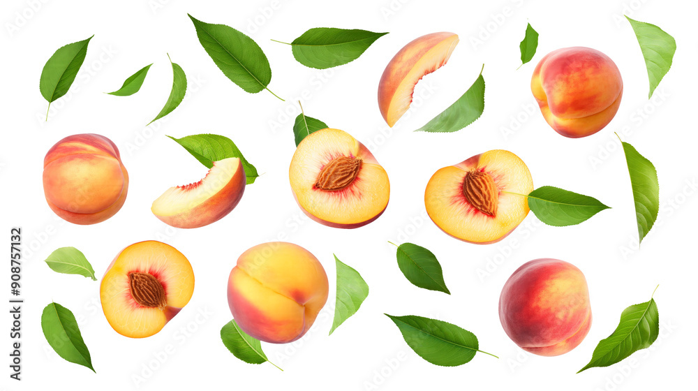 set of peach fruit with half slice and green leaves isolated on transparent white background, clipping path set of peach fruit with half slice and green leaves isolated on transparent white background, clipping path