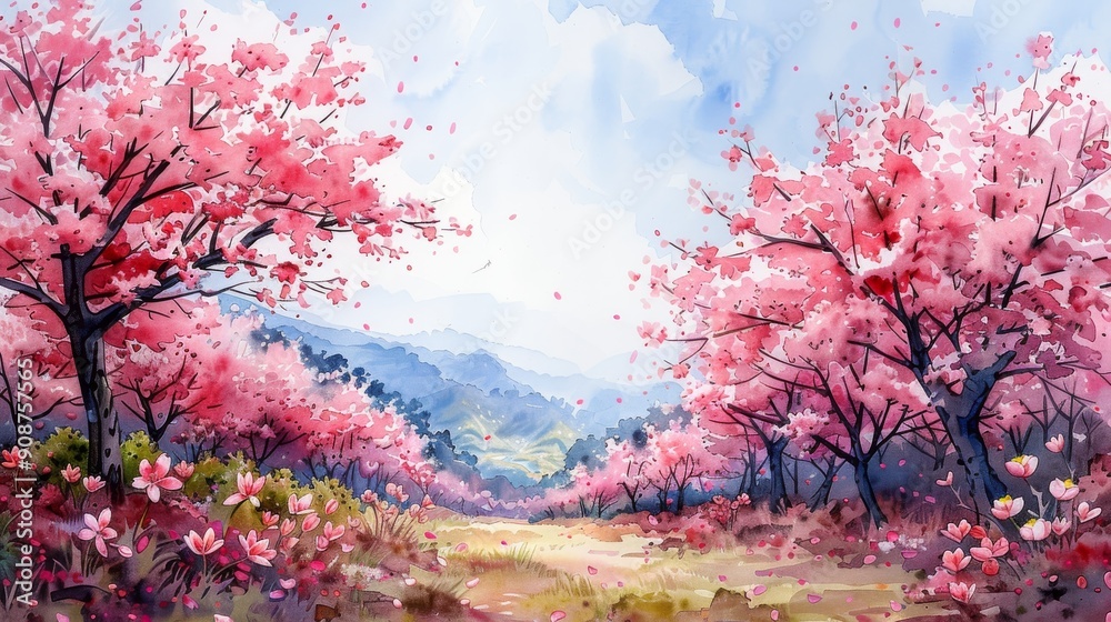 A serene landscape showcasing vibrant cherry blossom trees in full bloom, set against a picturesque mountain backdrop. A serene landscape showcasing vibrant cherry blossom trees in full bloom, set against a picturesque mountain backdrop.