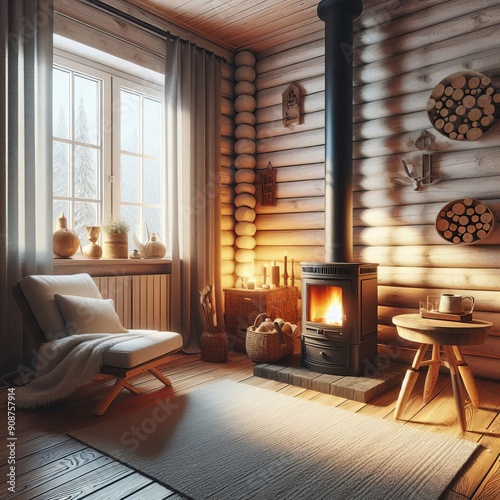 Fototapeta Naklejka Na Ścianę i Meble -  Room with a pellet and wood stove for heating. Concept Pellet Stove, Wood Stove, Room Heating, Cozy Environment