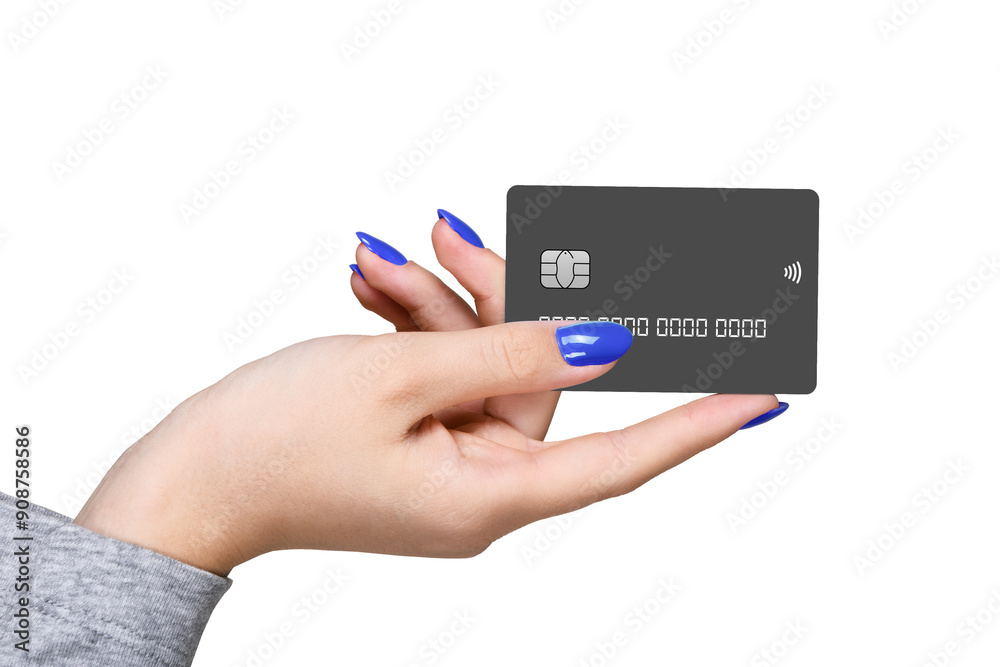Hand showing credit card, or card, or business card or voucher, isolated on white background, template, mock-up Hand showing credit card, or card, or business card or voucher, isolated on white background, template, mock-up