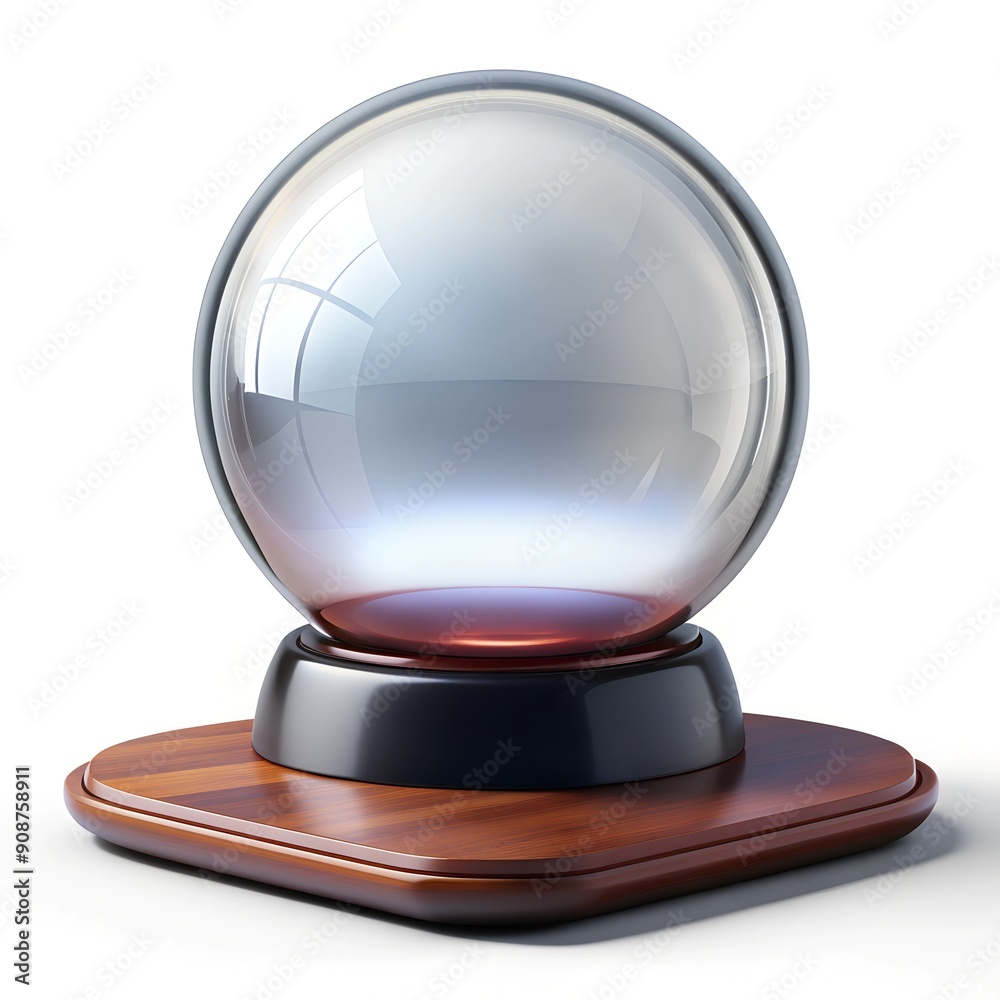Minimalist crystal ball on wooden base, reflective surface, isolated on white background Minimalist crystal ball on wooden base, reflective surface, isolated on white background