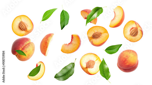 set of peach fruit with half slice and green leaves isolated on transparent white background, clipping path