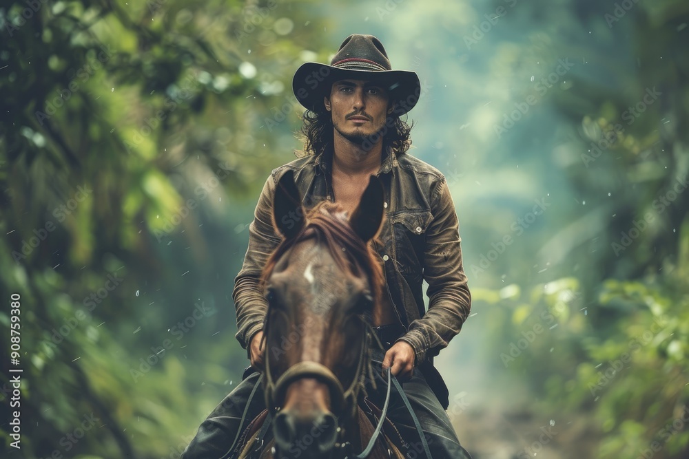 Beautiful strong man riding a horse on meadow Beautiful strong man riding a horse on meadow