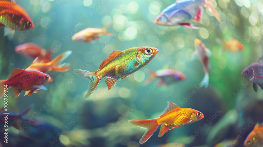 Fototapeta premium From various vantage points, delicate fish explore their aquatic habitat, their graceful movements a source of fascination and wonder.