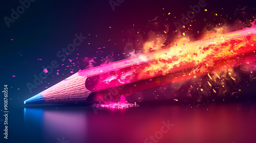 Igniting Inspiration: A blue pencil ignites with fiery passion, symbolizing the explosive power of creativity and the boundless possibilities of imagination.  photo