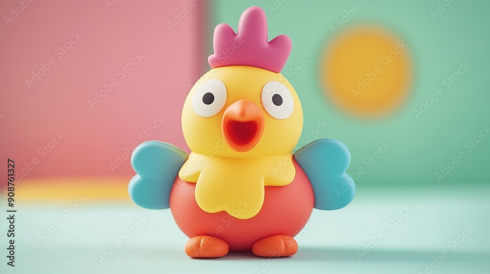 A colorful toy chicken with a pink beak and blue wings. The chicken is sitting on a table A colorful toy chicken with a pink beak and blue wings. The chicken is sitting on a table