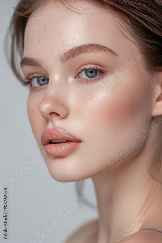 professional promotional photo for advertising cosmetics in a glossy magazine, beautiful female face, white background