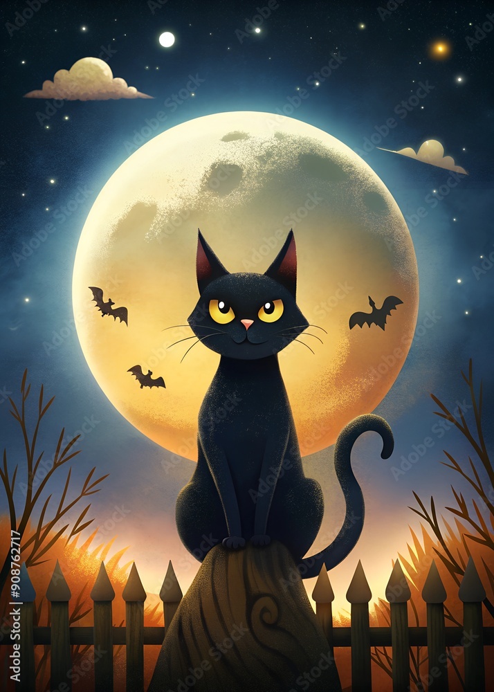 Black Cat on a Moonlit Background