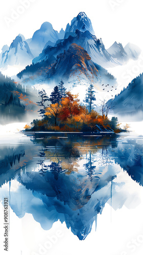 A serene landscape featuring majestic mountains, vibrant foliage, and a tranquil reflection on a still lake. Water color style photo