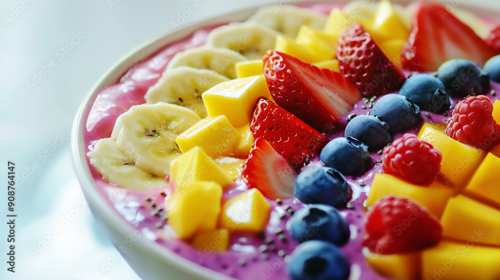 A vibrant smoothie bowl topped with fresh fruit including strawberries, bananas, blueberries, and mango, perfect for a healthy breakfast. A vibrant smoothie bowl topped with fresh fruit including strawberries, bananas, blueberries, and mango, perfect for a healthy breakfast.
