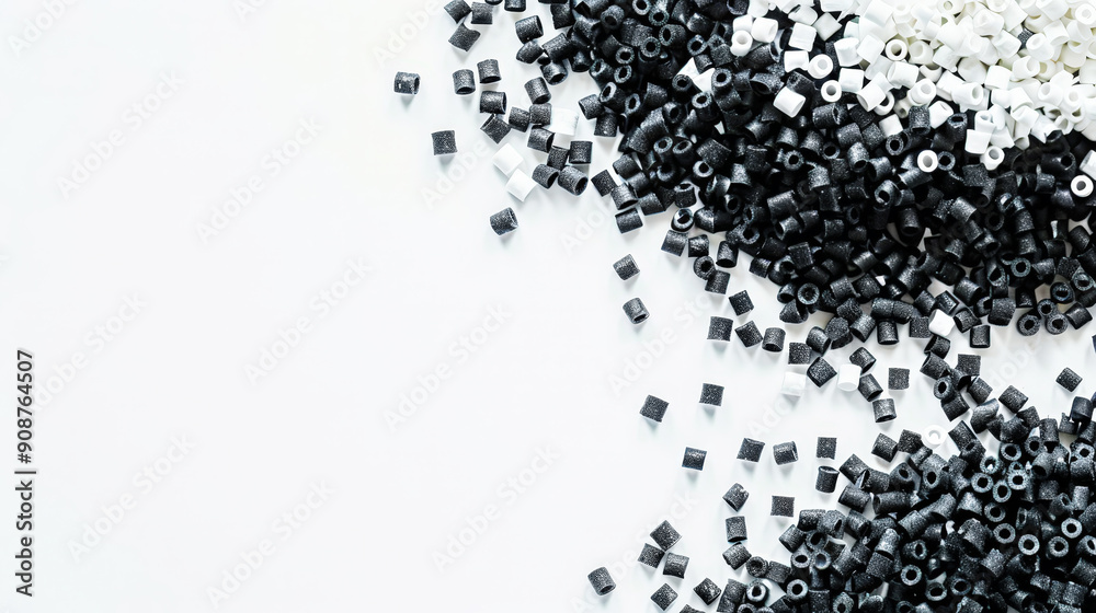 Obraz premium Top view of black and white polymer masterbatch granules, light background, industrial plastic template. Generative AI