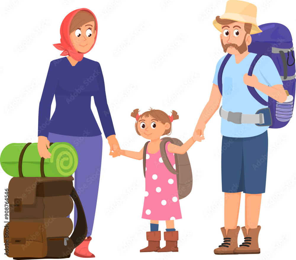 Tourist family together. Parents and kid with travel bags Tourist family together. Parents and kid with travel bags