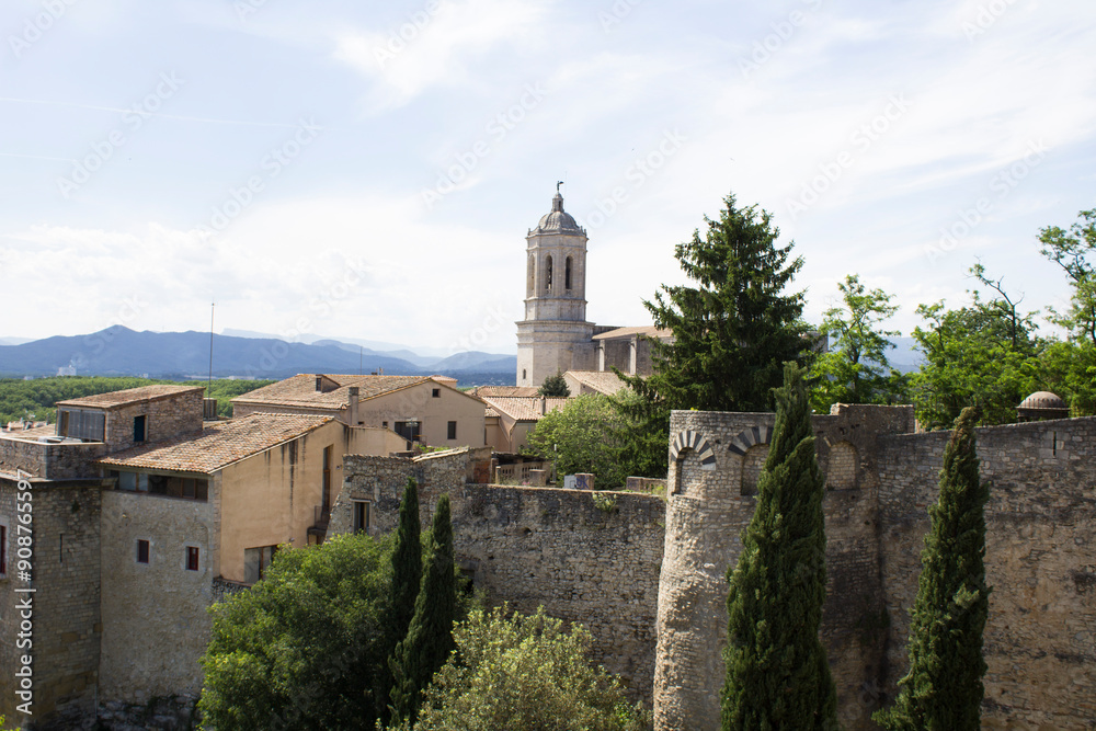 View of the old town and cathedral on a day. Gerona. Spain.