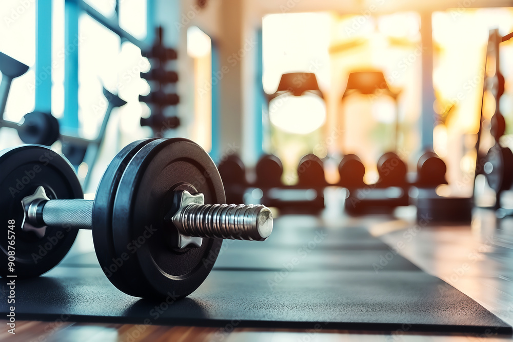 Close-up of a dumbbell on a gym floor, with modern gym equipment and sunlight in the background, promoting fitness and strength training. Close-up of a dumbbell on a gym floor, with modern gym equipment and sunlight in the background, promoting fitness and strength training.