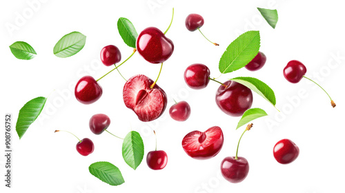 red cherries with green leaves slice isolated on transparent white background, clipping path