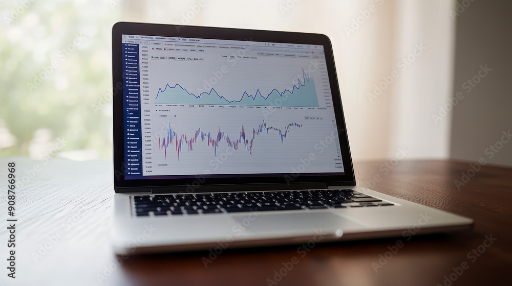 Laptop showing rising graph, digital income Laptop showing rising graph, digital income
