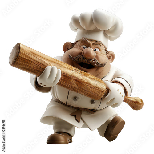 A cheerful chef character wielding a rolling pin, ready to create delicious culinary masterpieces in the kitchen , PNG , transparent background photo