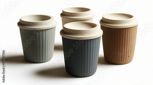 Wallpaper Mural Four reusable coffee cups with a minimalist design, featuring earth-toned colors and ridged texture, ideal for eco-conscious and sustainable living. Torontodigital.ca