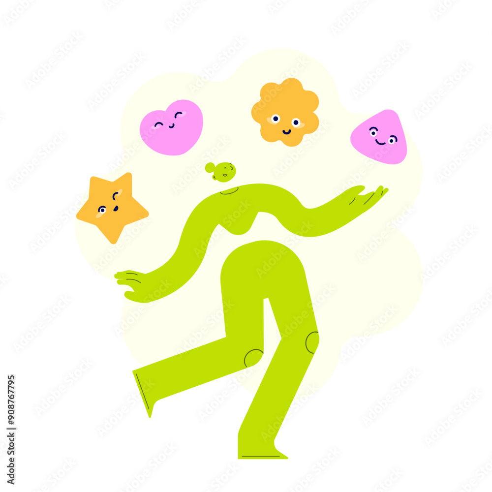 Vector illustration of a happy woman juggling positive emotions. Happiness, love, positivity and mindfulness concept. Female character in good mood. Mental health and positive thinking concept. Vector illustration of a happy woman juggling positive emotions. Happiness, love, positivity and mindfulness concept. Female character in good mood. Mental health and positive thinking concept.
