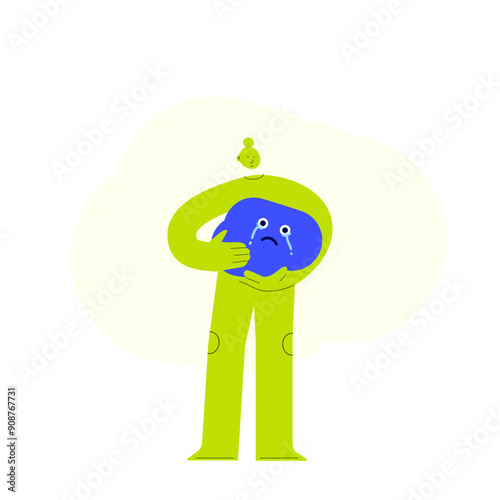 Vector illustration of an abstract character, comforting a crying character. Stress, anxiety and fear concept. Standing female character with negative feeling. Mental health and psychotherapy concept.