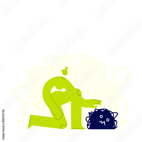 Vector illustration of a calm woman, touching an abstract character in distress. Stress, anxiety and fear concept. Sitting female character and sad emotion. Mental health and negative thinking
