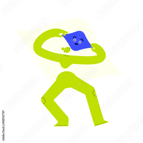 Vector illustration of an abstract female character, holding a surprised character. Stress, anxiety and surprise. Standing woman with negative feeling. Mental health and psychotherapy concept.