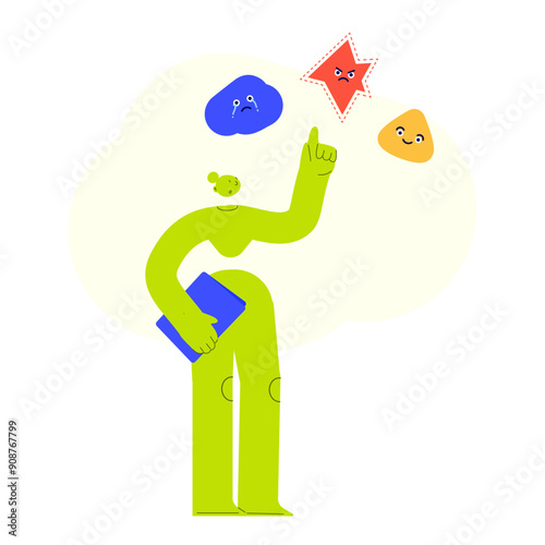 Vector illustration of a woman, choosing between happiness, sadness, anger. Abstract emotions concept. Standing female character and different feelings. Mental health and mindfulness concept.