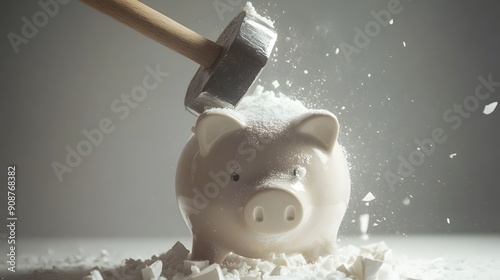 Smash piggy bank, hammer hitting the bank, solid white background, high-key lighting, minimalist and clean style, decisive and bold mood photo