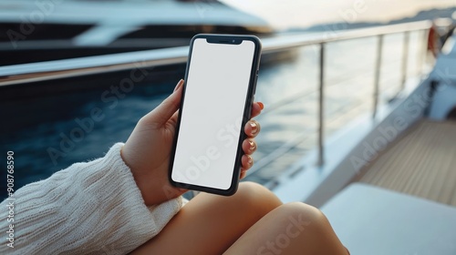 woman sitting on yacht holding mobile phone