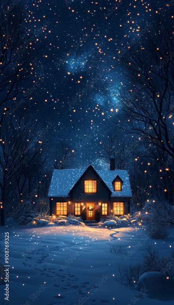Fototapeta premium A cozy winter scene featuring a warmly lit house amidst falling snow, creating a serene and magical atmosphere.