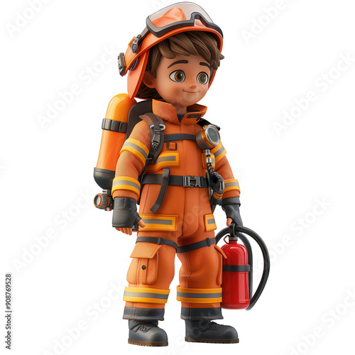 A cheerful cartoon firefighter character ready for action with a fire extinguisher and safety gear, promoting fire safety awareness , PNG , transparent background